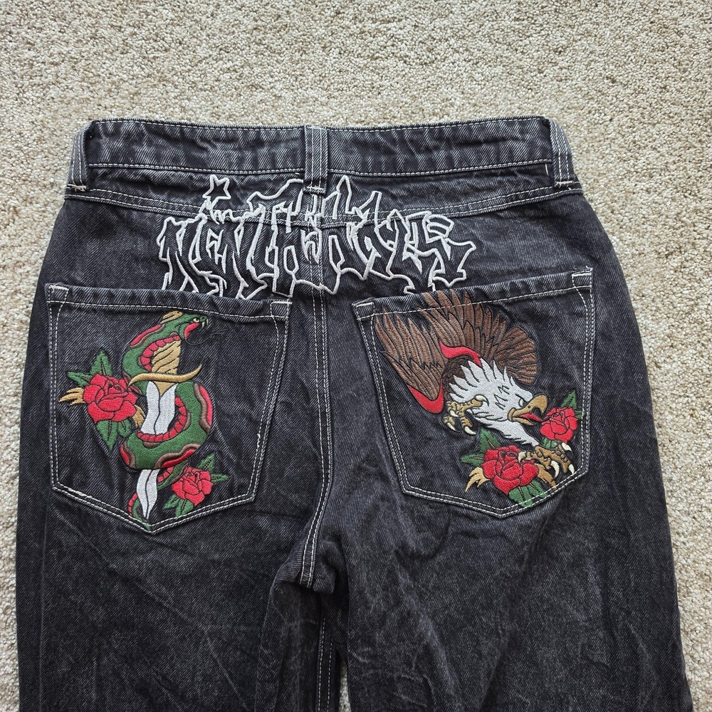 NINTH AMBUSH‎ Jeans Mens 28 Black Straight Denim Embroidered Streetwear Eagle